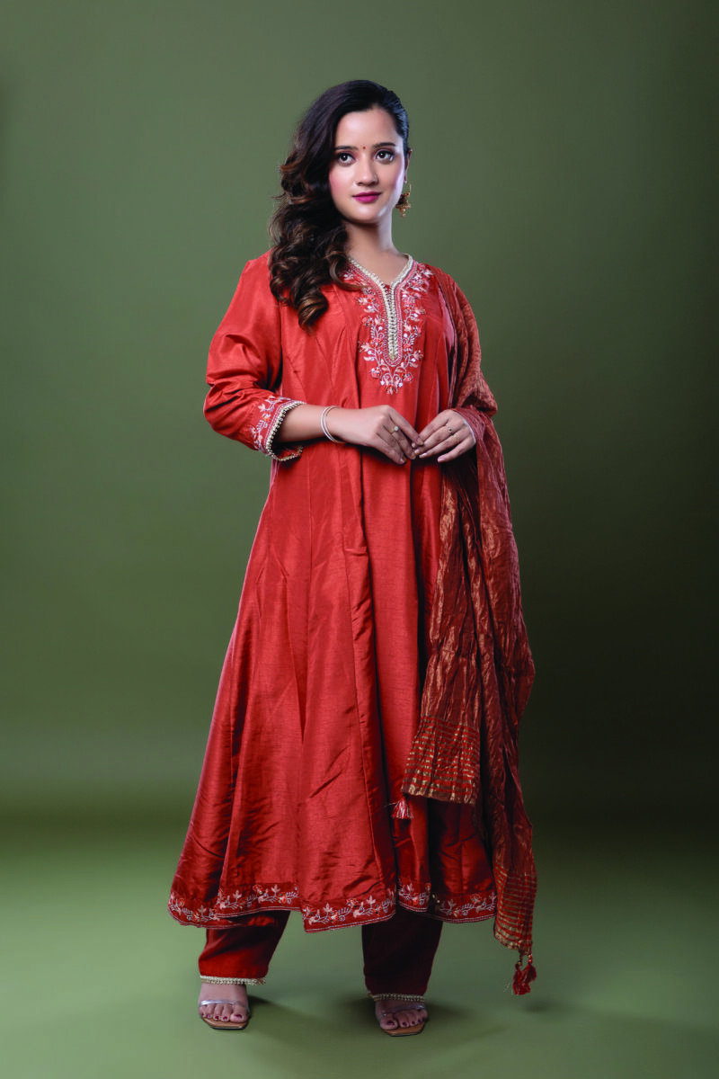 Label by Anusha Women’s Muslin Anarkali Kurta with Dupatta – Rust (LBA-062)