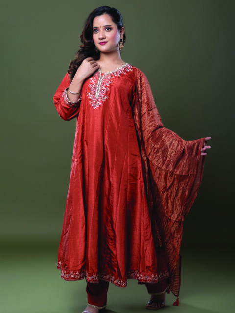 Label by Anusha Women’s Muslin Anarkali Kurta with Dupatta – Rust (LBA-062)
