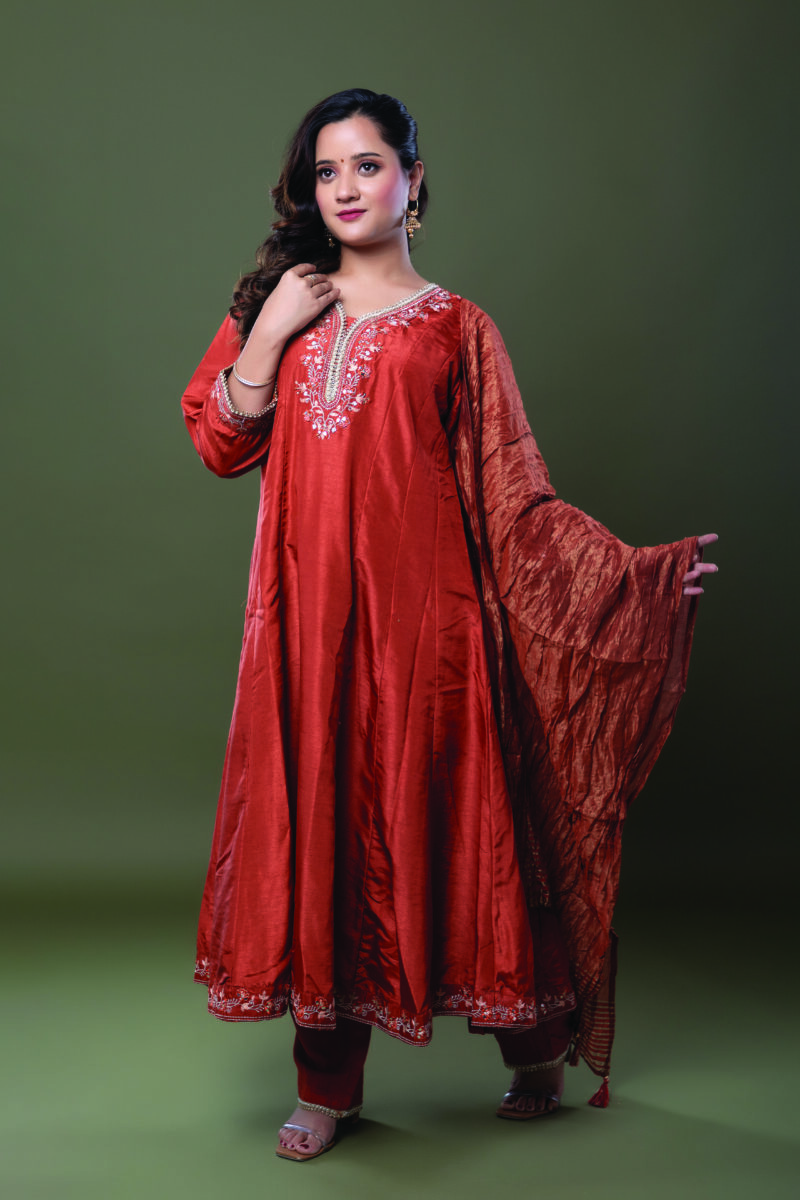 Label by Anusha Women’s Muslin Anarkali Kurta with Dupatta – Rust (LBA-062)