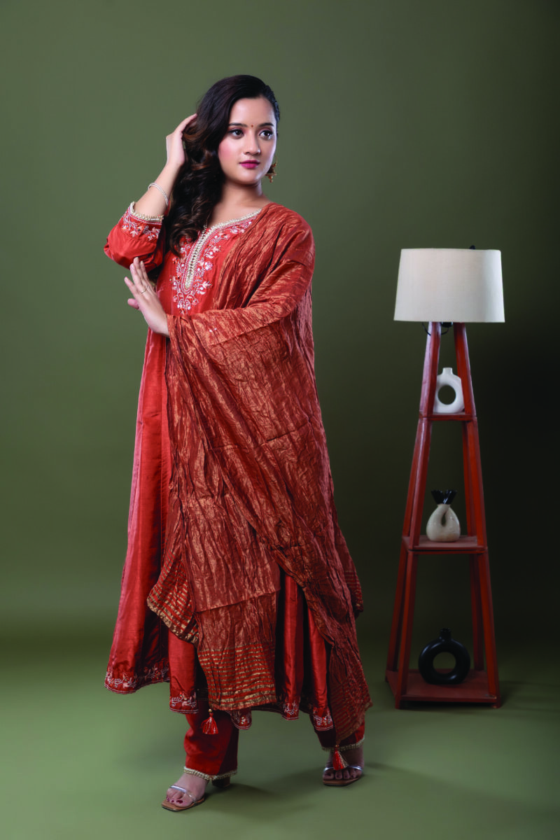 Label by Anusha Women’s Muslin Anarkali Kurta with Dupatta – Rust (LBA-062)
