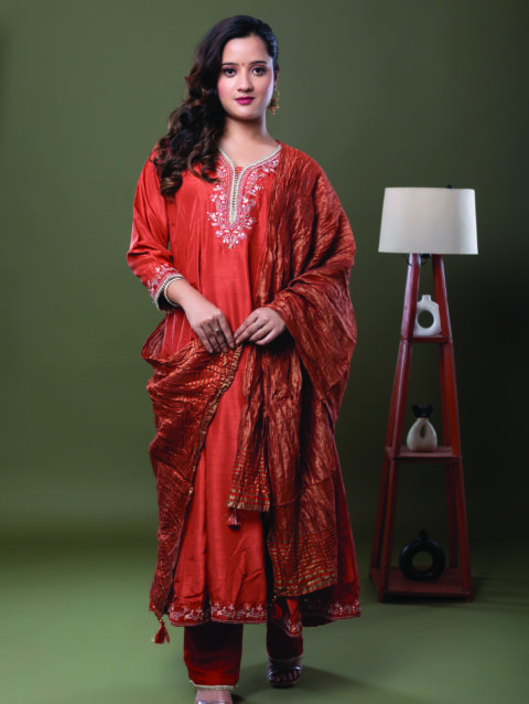 Label by Anusha Women’s Muslin Anarkali Kurta with Dupatta – Rust (LBA-062)