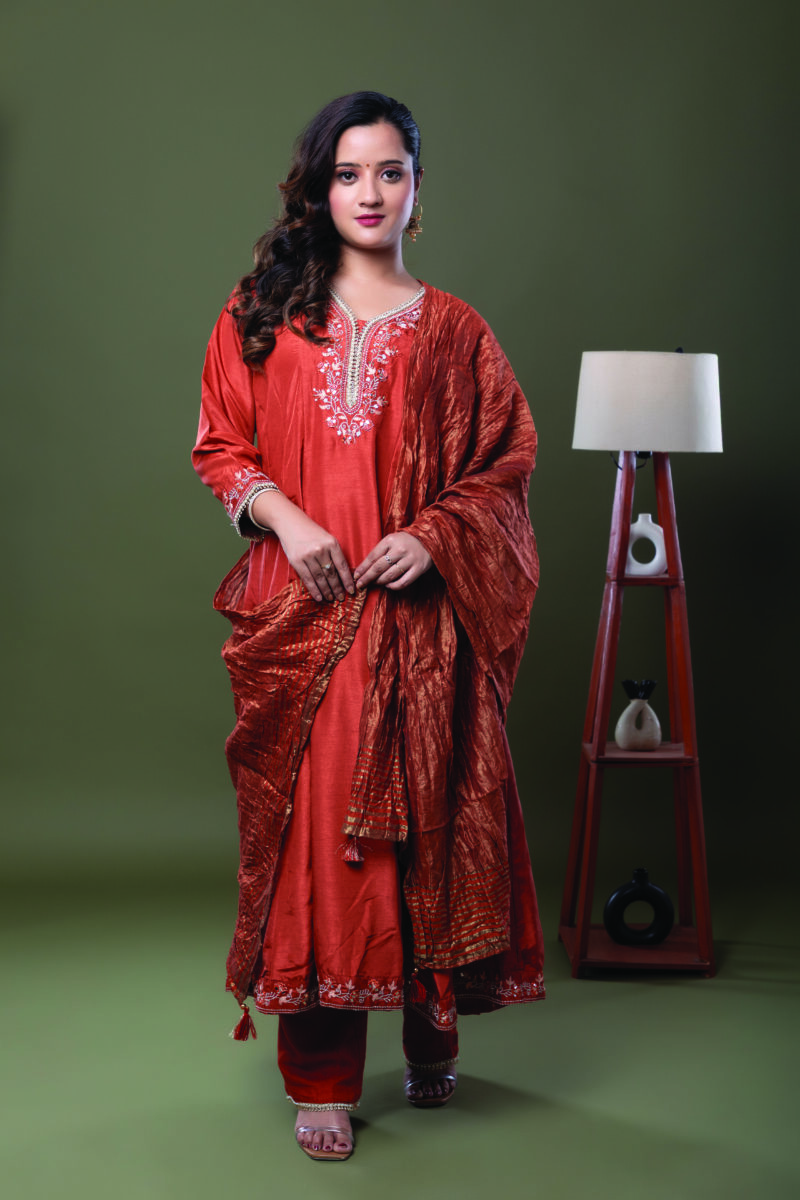 Label by Anusha Women’s Muslin Anarkali Kurta with Dupatta – Rust (LBA-062)