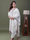 Label by Anusha Women’s Floral Yoke Embroidered Sequinned Kurta with Trousers & Dupatta – White (LBA-064)