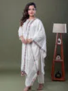 Label by Anusha Women’s Floral Yoke Embroidered Sequinned Kurta with Trousers & Dupatta – White (LBA-064)