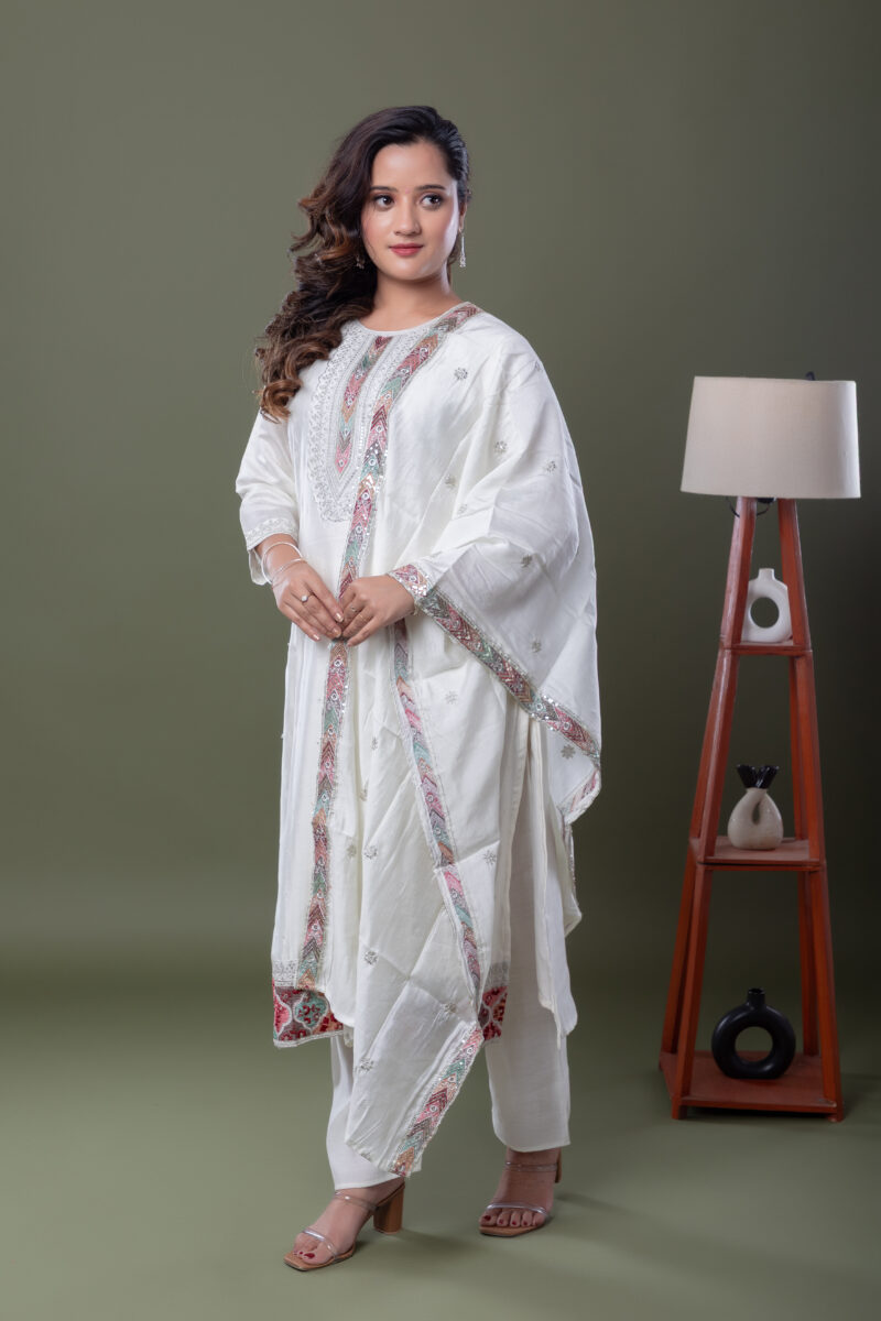 Label by Anusha Women’s Floral Yoke Embroidered Sequinned Kurta with Trousers & Dupatta – White (LBA-064)