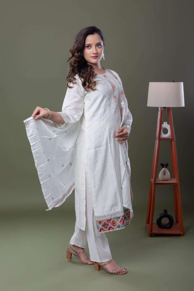 Label by Anusha Women’s Floral Yoke Embroidered Sequinned Kurta with Trousers & Dupatta – White (LBA-064)