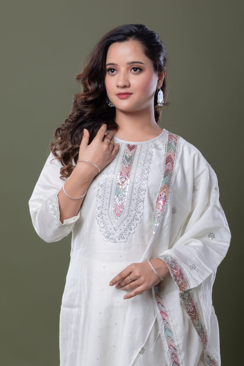 Label by Anusha Women’s Floral Yoke Embroidered Sequinned Kurta with Trousers & Dupatta – White (LBA-064)