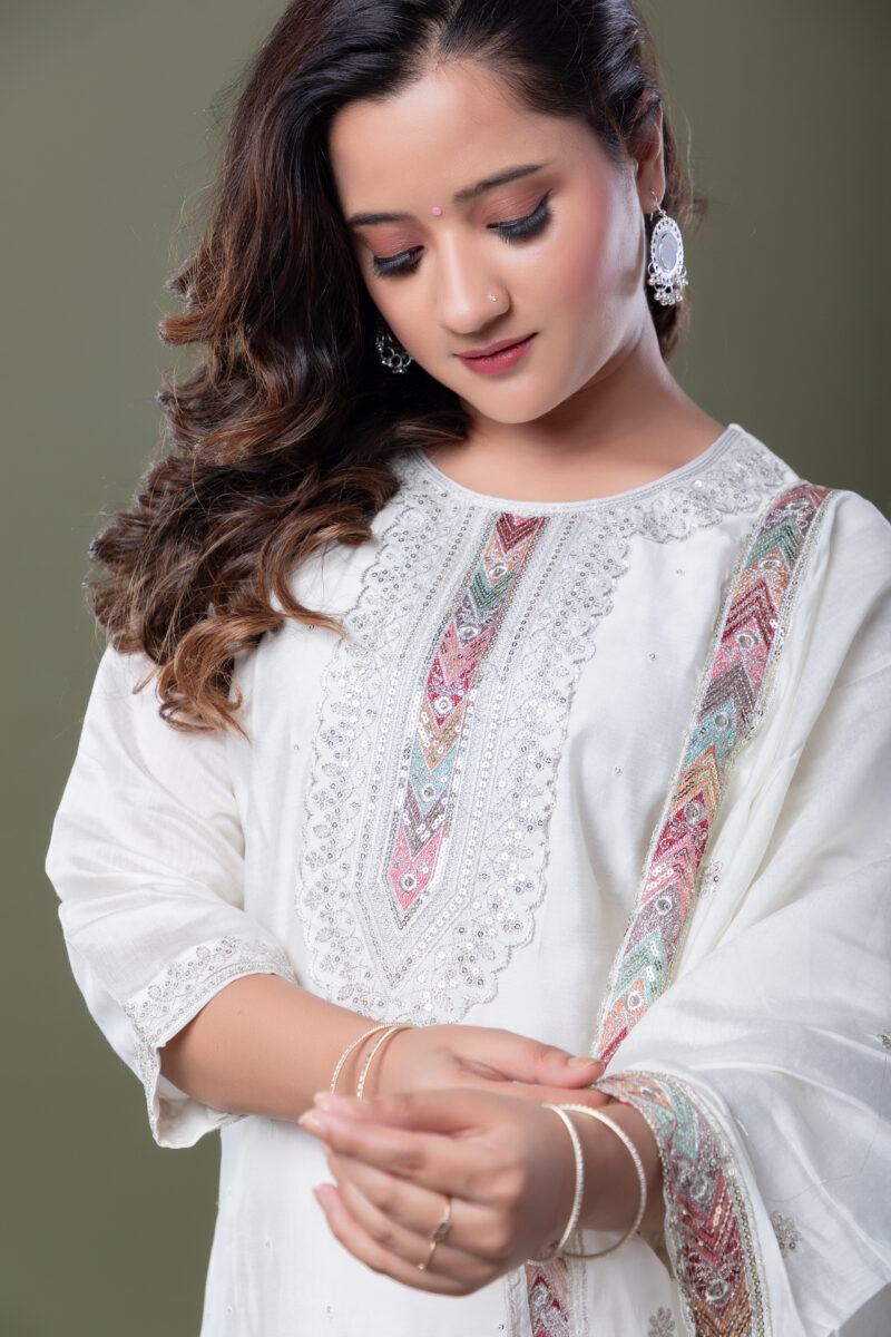 Label by Anusha Women’s Floral Yoke Embroidered Sequinned Kurta with Trousers & Dupatta – White (LBA-064)