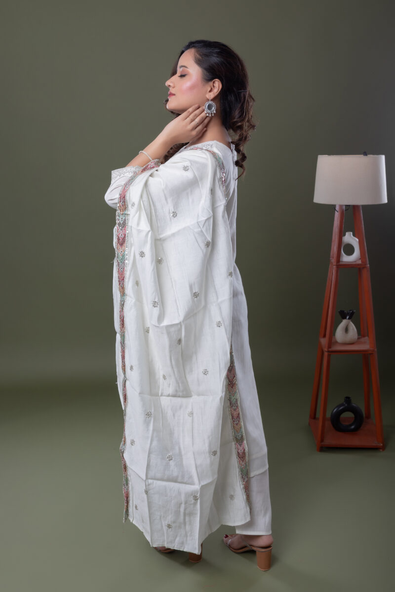 Label by Anusha Women’s Floral Yoke Embroidered Sequinned Kurta with Trousers & Dupatta – White (LBA-064)
