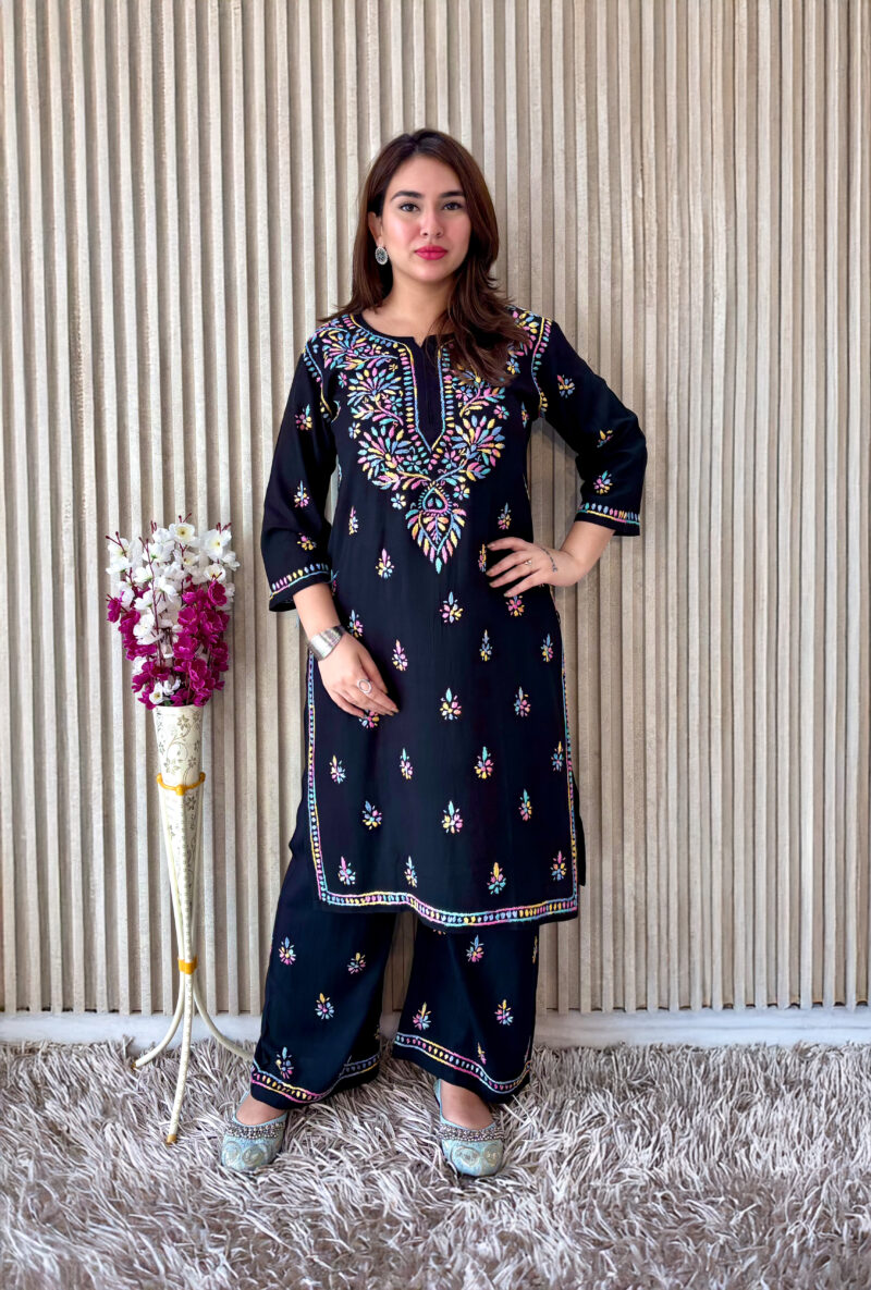 Label by Anusha Women’s Ethnic Motifs Embroidered Chikankari Straight Kurta with Palazzo – Black (LBA-065)