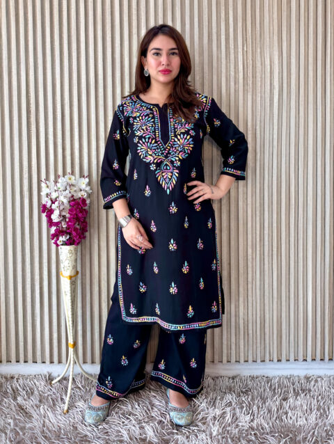 Label by Anusha Women’s Ethnic Motifs Embroidered Chikankari Straight Kurta with Palazzo – Black (LBA-065)