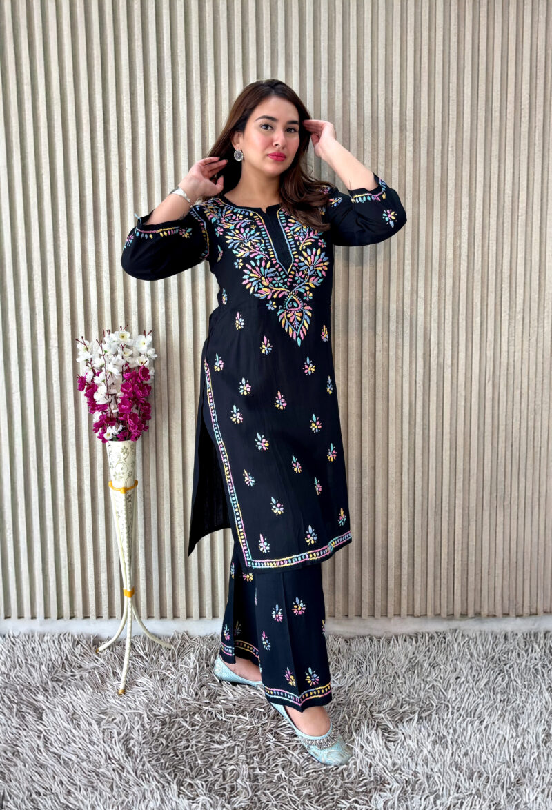 Label by Anusha Women’s Ethnic Motifs Embroidered Chikankari Straight Kurta with Palazzo – Black (LBA-065)
