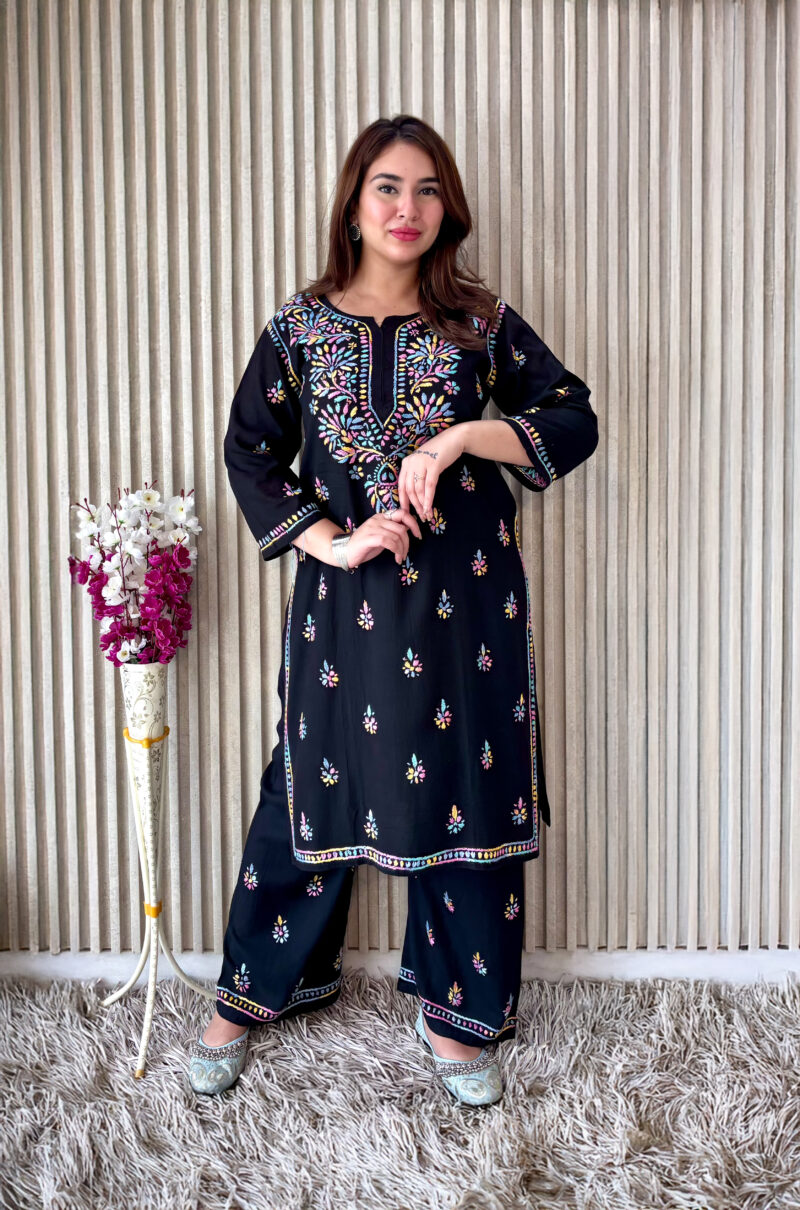 Label by Anusha Women’s Ethnic Motifs Embroidered Chikankari Straight Kurta with Palazzo – Black (LBA-065)