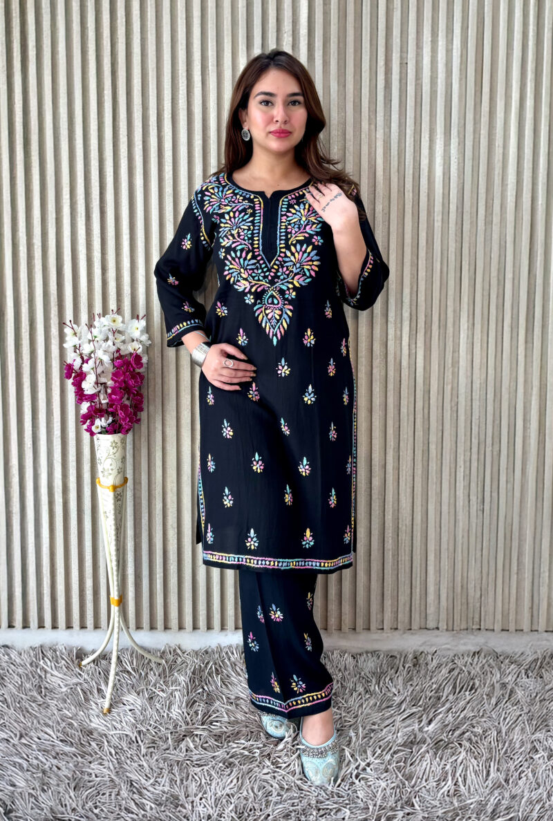 Label by Anusha Women’s Ethnic Motifs Embroidered Chikankari Straight Kurta with Palazzo – Black (LBA-065)