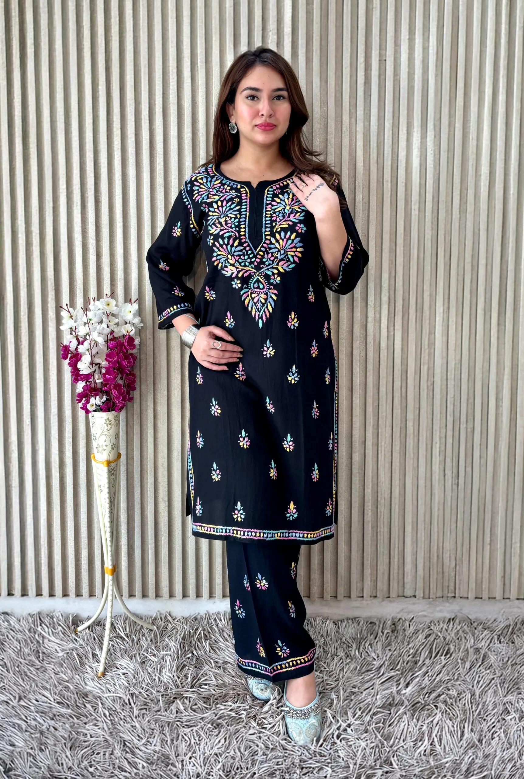 Label by Anusha Women’s Ethnic Motifs Embroidered Chikankari Straight Kurta with Palazzo – Black (LBA-065)