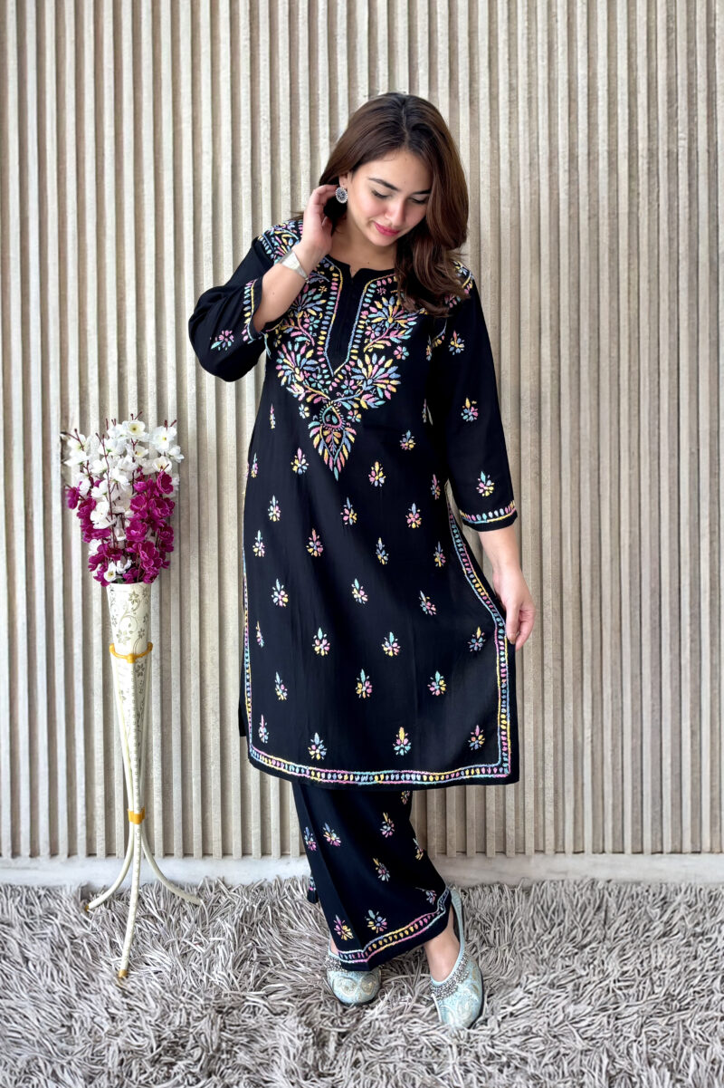 Label by Anusha Women’s Ethnic Motifs Embroidered Chikankari Straight Kurta with Palazzo – Black (LBA-065)