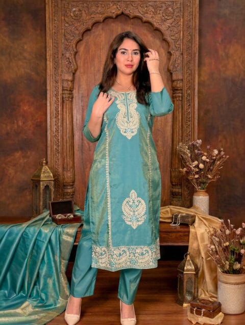 Label By Anusha | Blue Tissue Shimmer Embroidered Straight Kurta Pant Set with Organza Dupatta | LBA-095
