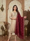 Label By Anusha | Off White Silk Blend Embroidered Kurta Set with Trousers & Maroon Dupatta | LBA-093