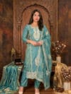 Label By Anusha | Blue Tissue Shimmer Embroidered Straight Kurta Pant Set with Organza Dupatta | LBA-095