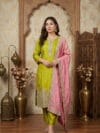Label By Anusha Women Green Silk Blend Ethnic Embroidered Kurta Trouser Set with Pink Dupatta | LBA-094