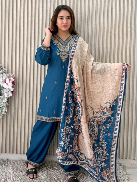 Blue Embroidered Short Kurta Set with Afghani Pant & Digital Dupatta | Label By Anusha