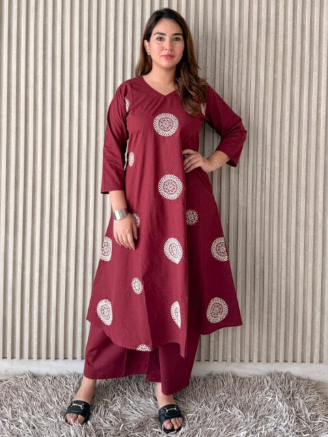Maroon Embroidered A-Line Kurta Set with Palazzo – 2 Piece Cotton Ethnic Wear | Label By Anusha