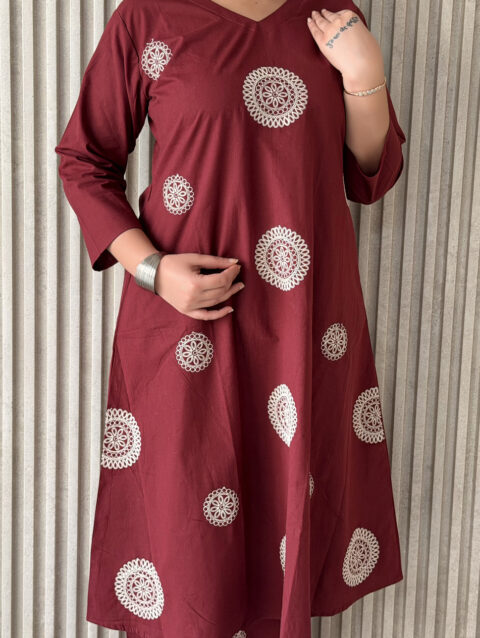Maroon Embroidered A-Line Kurta Set with Palazzo – 2 Piece Cotton Ethnic Wear | Label By Anusha