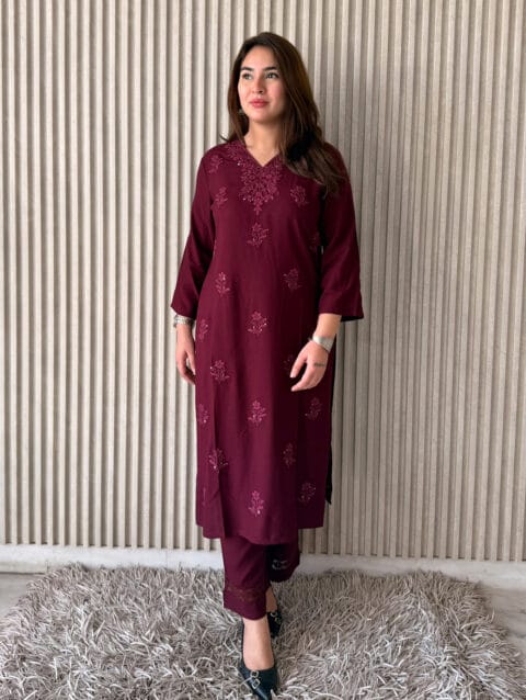 Maroon rayon straight kurta set with chikankari embroidery and palazzo pants
