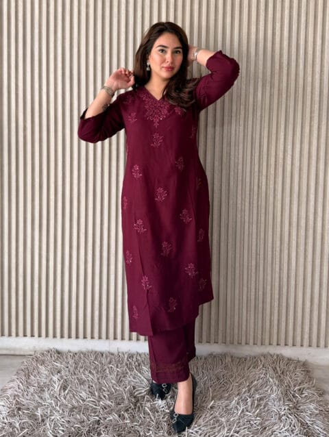 Maroon rayon straight kurta set with chikankari embroidery and palazzo pants