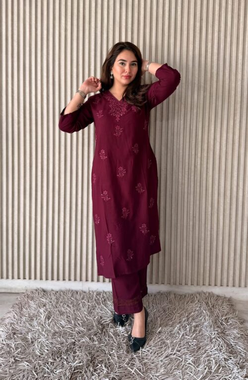 Maroon rayon straight kurta set with chikankari embroidery and palazzo pants