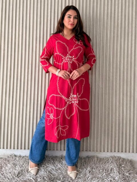 Label By Anusha | Pink Rayon Casual Wear Ethnic Motifs Embroidered Straight Kurti I LBA-091