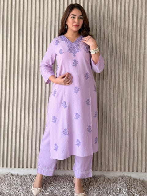 Lavender Chikankari Embroidered Straight Kurta with Palazzo – Rayon Ethnic Wear | Label By Anusha
