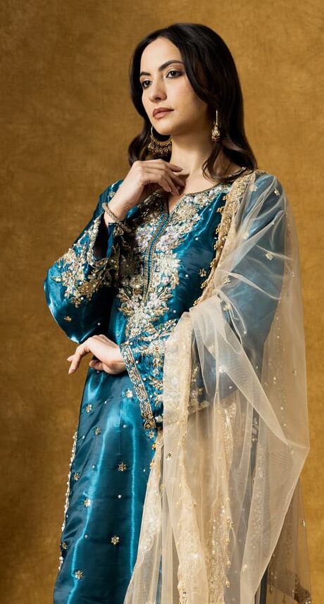 Label By Anusha Blue Paisley Embroidered Sequinned Straight Kurta Plazo Set with Dupatta | LBA-096-Blue
