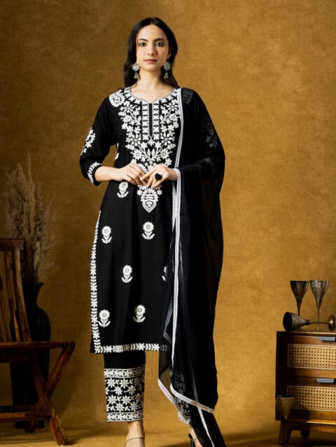 Label By Anusha Black Floral Embroidered Lucknowi Chikankari Rayon Kurta Pant Set with Dupatta | LBA-103