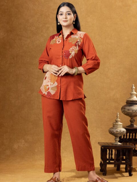 Label By Anusha Rust Cotton Embroidered Co-ord Set with Shirt & Trousers - LBA-104-RUST