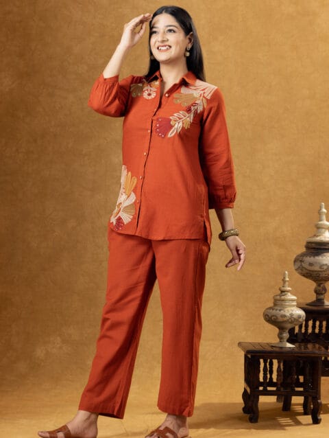 Label By Anusha Rust Cotton Embroidered Co-ord Set with Shirt & Trousers - LBA-104-RUST