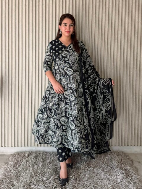 LABEL BY ANUSHA LBA-118 Black Printed Angrakha Anarkali Kurta Pant with Dupatta