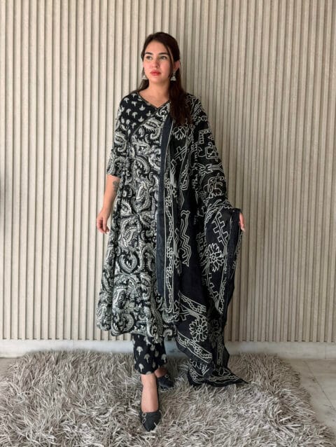 LABEL BY ANUSHA LBA-118 Black Printed Angrakha Anarkali Kurta Pant with Dupatta