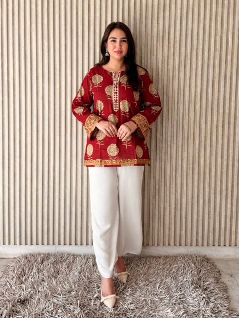 LABEL BY ANUSHA Maroon Embroidered Cotton Straight Short Kurti