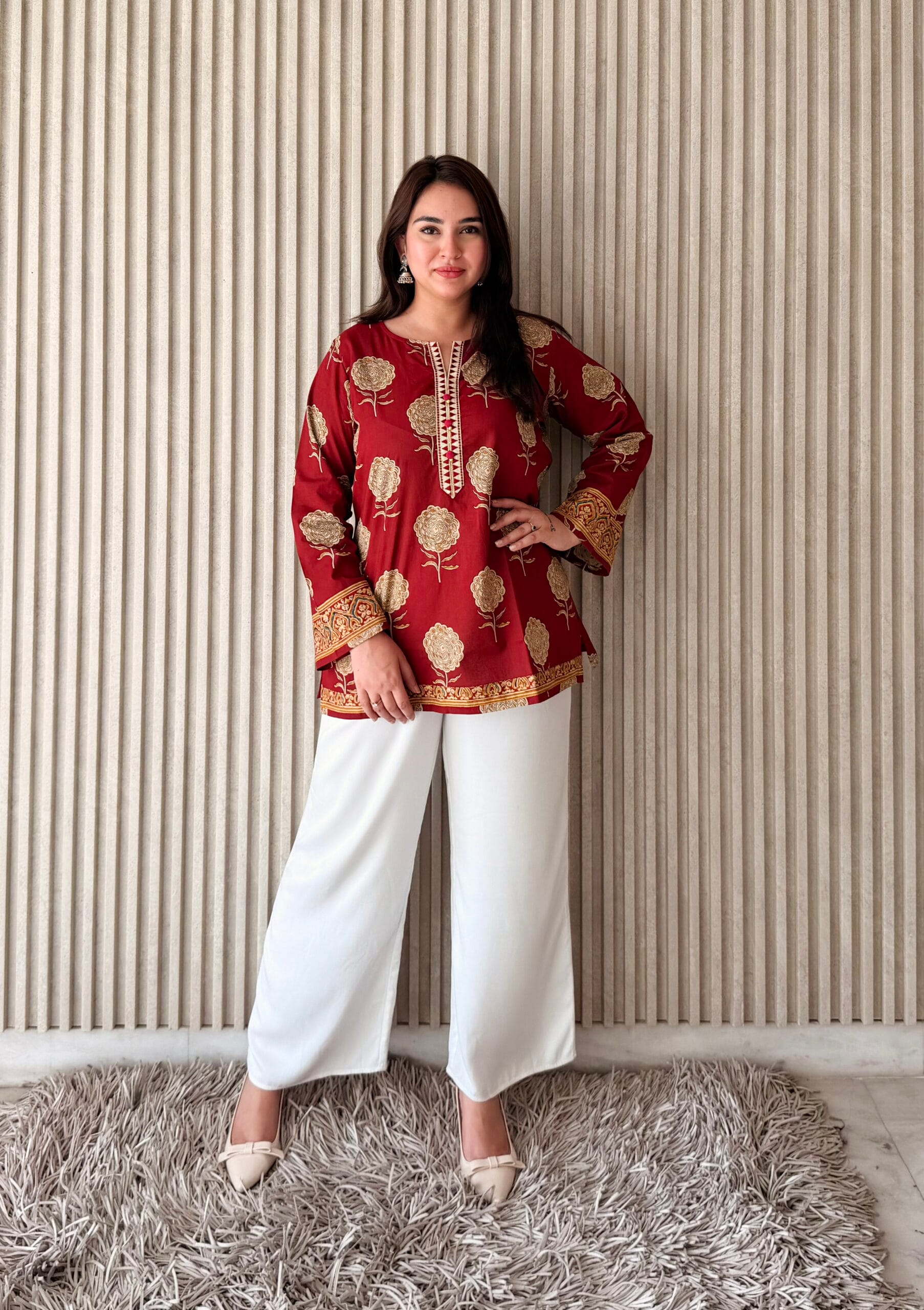 LABEL BY ANUSHA Maroon Embroidered Cotton Straight Short Kurti