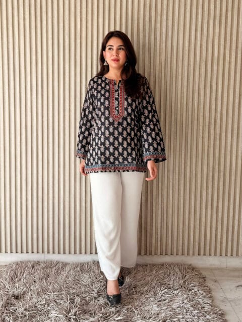 LBA-115 Black Embroidered Cotton Straight Short Kurti by Label By Anusha