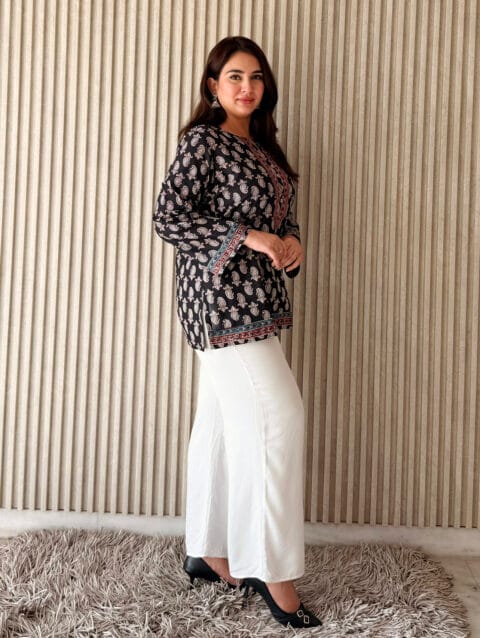 LBA-115 Black Embroidered Cotton Straight Short Kurti by Label By Anusha