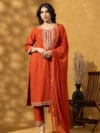 LBA-127 Women Rust Floral Embroidered Rayon Straight Kurta with Trousers and Dupatta