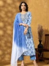 LBA-126-Blue Women Blue Ethnic Motifs Embroidered Cotton A-Line Kurta with Trousers and Dupatta
