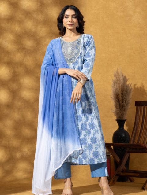 LBA-126-Blue Women Blue Ethnic Motifs Embroidered Cotton A-Line Kurta with Trousers and Dupatta