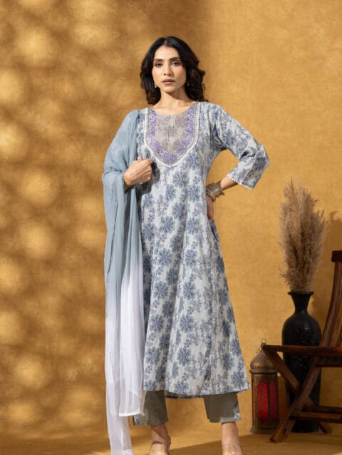 LABEL BY ANUSHA LBA-125-Gray Grey Embroidered Cotton Kurta Set