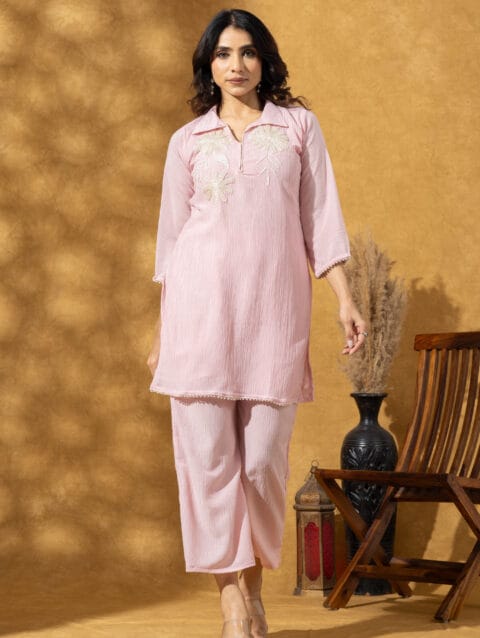 LABEL BY ANUSHA LBA-124-Pink Floral Embroidered Co-ord Set