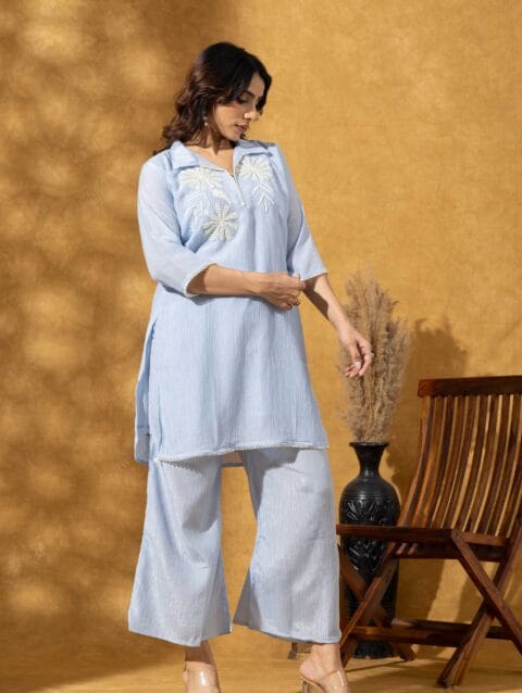LBA-124-Blue Light Blue Floral Embroidered Co-ord Set