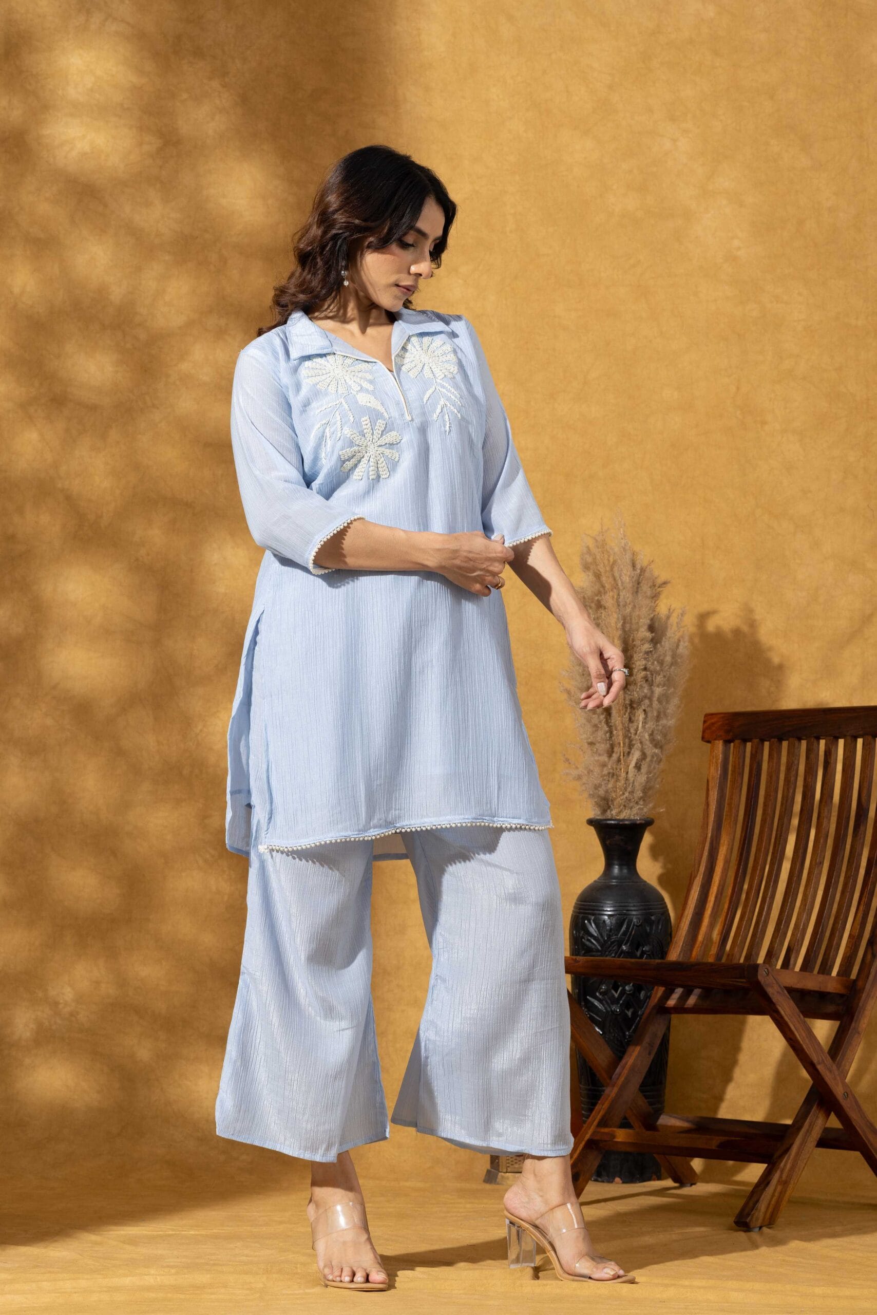 LBA-124-Blue Light Blue Floral Embroidered Co-ord Set