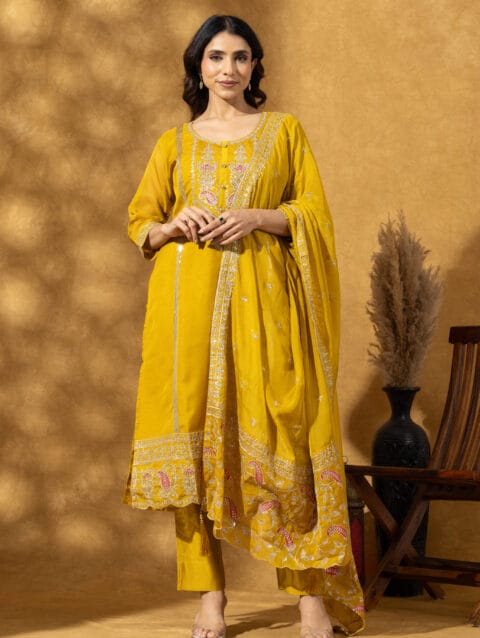 LBA-123 Women Olive Green Ethnic Motifs Embroidered Thread Work Kurta with Trousers and Dupatta